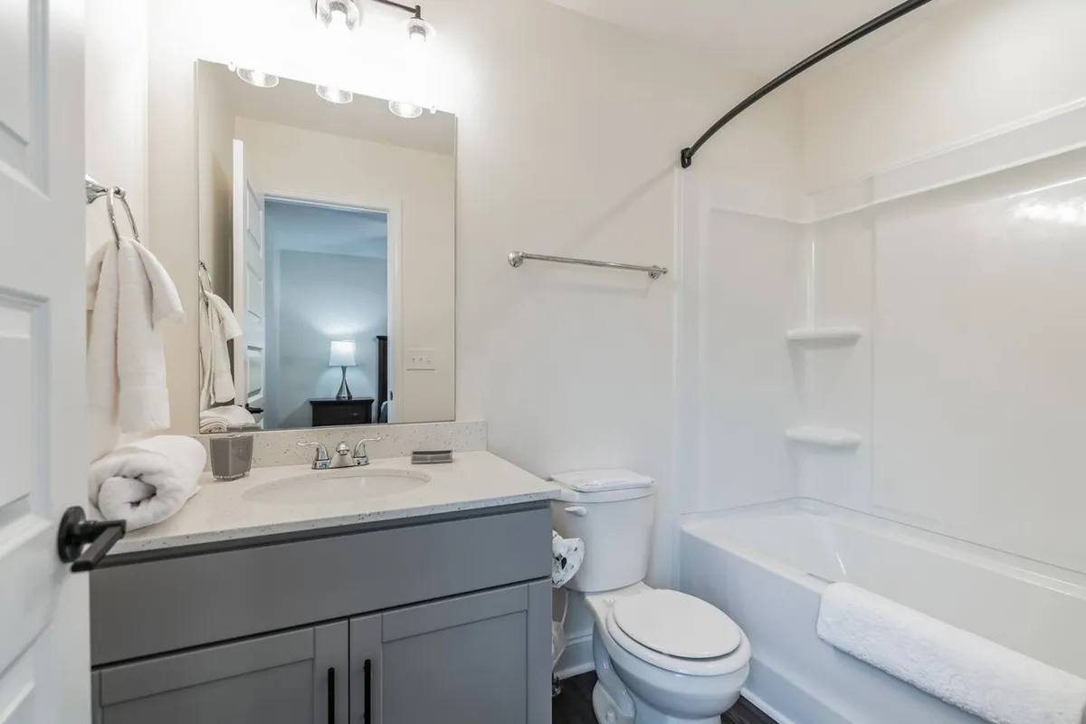 A bathroom scene highlighting a vanity with sink, a large mirror, and a bathtub, all in a serene and inviting setting. The space is ideal for personal grooming or unwinding with a calming bath.